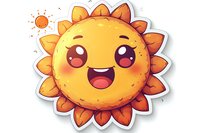 Cheerful kawaii sun character with happy expression and rosy cheeks on white background, sticker style illustration with soft shadow effect.
