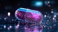 Glowing pharmaceutical capsule with pink and blue sparkles on dark reflective surface amid bokeh lights and water drops. Medical concept for future medicine.