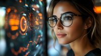 Young professional woman with glasses analyzing futuristic holographic data interface in modern tech environment for business analytics presentations.
