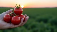 Fresh ripe red tomatoes held in cupped hands at sunset over green agricultural field. Organic farming harvest concept for healthy eating and agriculture.