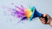 Megaphone emitting vibrant powder explosion in purple, pink, orange and turquoise colors against white background, creating dynamic motion effect for advertising concept.