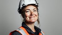 Female construction worker in white hard hat and high visibility safety vest smiling confidently on neutral background for workplace safety campaigns.