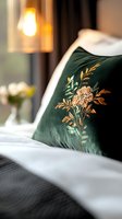 Luxurious emerald green velvet cushion with golden floral embroidery on white bedding, soft lamp glow creates cozy bedroom atmosphere. Perfect for interior design.