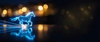 Digital blue lightning horse galloping with electric energy trails and glowing bokeh lights on dark reflective surface for technology concepts.