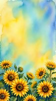 Watercolor sunflowers border with yellow and blue background, copy space for text, summer floral art for cards, posters, and wall decor.