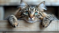 Curious Maine Coon cat with striking blue eyes and fluffy fur peeks over wooden ledge, paws hanging down in playful pose. Close up portrait shows distinctive facial features.
