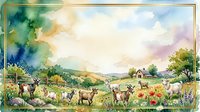 Watercolor pastoral landscape with grazing livestock, wildflowers, and farmhouse nestled in rolling hills under soft cloudy sky, suitable for home decor and editorial use.