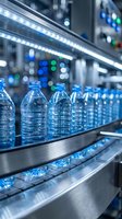 Plastic water bottles on industrial conveyor belt in manufacturing facility with LED lighting and control panel in background.