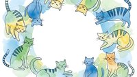 Watercolor cats frame border with playful felines in blue, green and yellow tones creating decorative space for text or design elements.