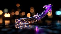 Glowing purple arrow with sparkles rises against dark bokeh background, reflecting on glossy surface. Concept of growth, success and upward momentum.