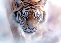 Majestic tiger face emerging from soft misty background, intense blue eyes and detailed fur texture create dramatic wildlife portrait for nature publications.