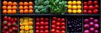 Fresh colorful produce arranged in wooden boxes at farmers market including tomatoes, oranges, broccoli, peppers, and berries creating vibrant food panorama.