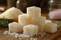 White sugar cubes stacked on wooden cutting board with rosemary sprig and scattered granules in warm kitchen setting for cooking and baking concepts.