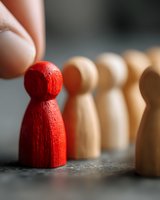 Red wooden figure standing out from row of natural wooden pawns, symbolizing leadership, uniqueness, and team diversity in business concepts.