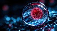 Glowing red virus cell in glass sphere with blue network connections on dark background, scientific visualization for medical and healthcare concepts.