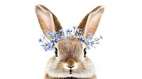 Adorable brown bunny rabbit wearing crown of delicate blue flowers on white background, front view portrait. Spring and Easter season design element.