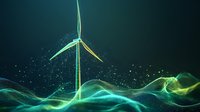 Glowing wind turbine against dark background with flowing energy waves in turquoise and yellow colors, representing sustainable power generation and green technology.