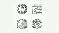 Wellness lifestyle icons set featuring carbon footprint, hydration tracker, intermittent fasting schedule and meditation symbols for health apps.