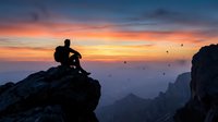 Male hiker silhouette sitting on mountain peak during golden hour sunrise with dramatic colorful sky and flying birds over valley landscape for adventure travel.