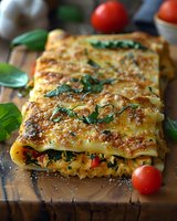 Fresh vegetable lasagna with spinach and melted cheese layered between pasta sheets, garnished with basil leaves and cherry tomatoes on wooden cutting board.