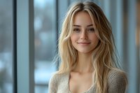 Young Caucasian woman with blonde wavy hair and natural makeup wearing beige knit sweater smiling at camera against blurred background. Lifestyle portrait for beauty and fashion.