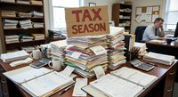 Busy accountant office during tax season with stacks of paperwork, documents and files covering desk workspace for financial preparation.