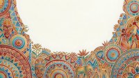 Colorful tribal and ethnic ornamental border design with geometric patterns, masks, and decorative elements isolated on white background for design projects.