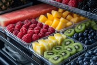 Red raspberries, yellow mango chunks, green kiwi slices, and dark blueberries arranged in clear containers at a fruit market or juice bar display for fresh produce sales and healthy eating.