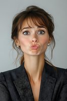Young Caucasian businesswoman in grey blazer making funny duck face expression against light background, showing playful mood in professional setting.