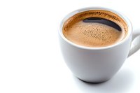 Fresh espresso with creamy crema in white ceramic cup against light background, minimalist composition for cafe menu and coffee advertising.
