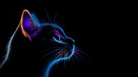 Glowing neon cat profile on black background with vibrant blue and purple highlights illuminating whiskers, ears and facial features in dramatic digital art style.
