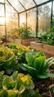 Fresh lettuce and leafy greens growing in raised wooden beds inside a sunlit greenhouse with golden morning light streaming through glass panels.