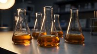Conical laboratory flasks filled with amber liquid in a scientific research setting, ideal for chemistry, science education, and laboratory concepts.