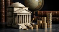 Classical bank building model with golden coins stacks on wooden desk with vintage books and globe background for financial education concepts.