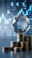 Crystal globe on stacked coins with financial charts and currency symbols in background representing global economy and international investment growth.