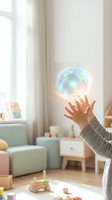 Child hand reaching for colorful soap bubble floating in bright modern living room with toys scattered on floor and natural window light.