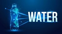 Digital water bottle with glowing network connections and bright text on blue background for hydration and technology marketing campaigns.