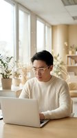 Young Asian man in glasses working on laptop in bright modern office with creative light effects and plants for remote work concepts.