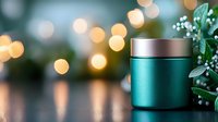 Metallic turquoise cosmetic jar on reflective surface with soft bokeh lights and green foliage, luxury skincare product photography for beauty industry.