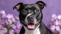 Smiling black and white Staffordshire Bull Terrier dog portrait against purple background with lavender flowers, perfect for pet adoption campaigns.