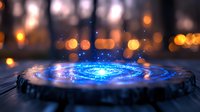 Glowing blue spiral light effect on dark surface with blurred bokeh background creates magical atmosphere for fantasy and sci-fi designs.