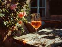 Rose wine glass on wooden table with blooming flowers in warm sunlight creating romantic outdoor dining atmosphere for summer entertaining.