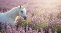White unicorn with golden horn standing in blooming lavender field during golden hour sunset creating magical fairy tale atmosphere for fantasy designs.