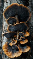 Dark wild mushrooms with orange edges growing on tree bark, showing detailed gills and natural patterns in dramatic macro photography. Forest fungi display.
