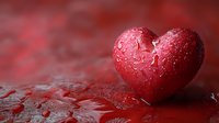 Red heart with water drops on wet surface against blurred burgundy background, romantic mood setting for Valentine's Day cards and love concepts.