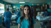 Young female healthcare worker with long dark hair wearing turquoise scrubs stands in hospital ward with medical staff and patients in background, dramatic lighting.
