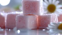 Pink marshmallow cubes dusted with powdered sugar arranged with white daisy flowers, creating soft pastel composition with dreamy bokeh lighting effect.
