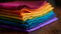 Vibrant rainbow colored fabric napkins stacked and folded neatly on wooden surface, showing texture and layers with soft lighting creating depth and warmth.