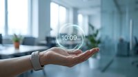 Young adult with medium skin tone holding glowing digital clock display showing 10:09 AM in modern office environment, representing time management, productivity, and business scheduling for corporate applications.
