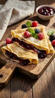 Delicious homemade crepes filled with berry jam and topped with fresh raspberries and blackberries on rustic wooden cutting board for breakfast dessert.